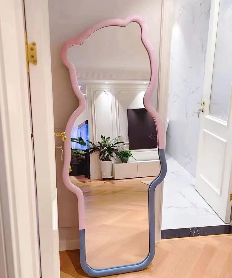 Wall Decoration Irregular Wave Shape Full Length Standing Mirror with Flannel Frame