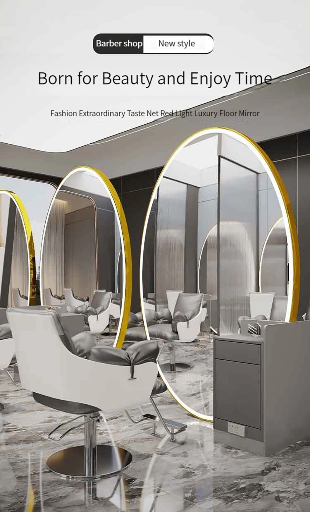 New Fashion Big Size Salon Mirror Customized LED Light Styling Station Beauty Mirror Barber Furniture