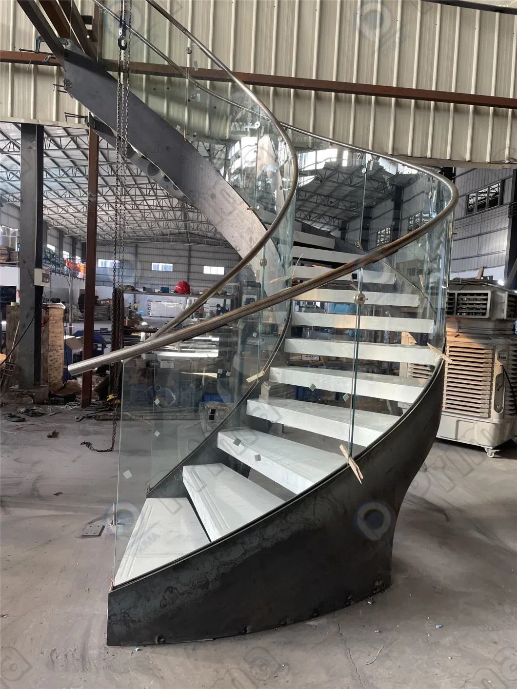 Curved Staircase with Frameless Glass Railing Stainless Steel Balustrade