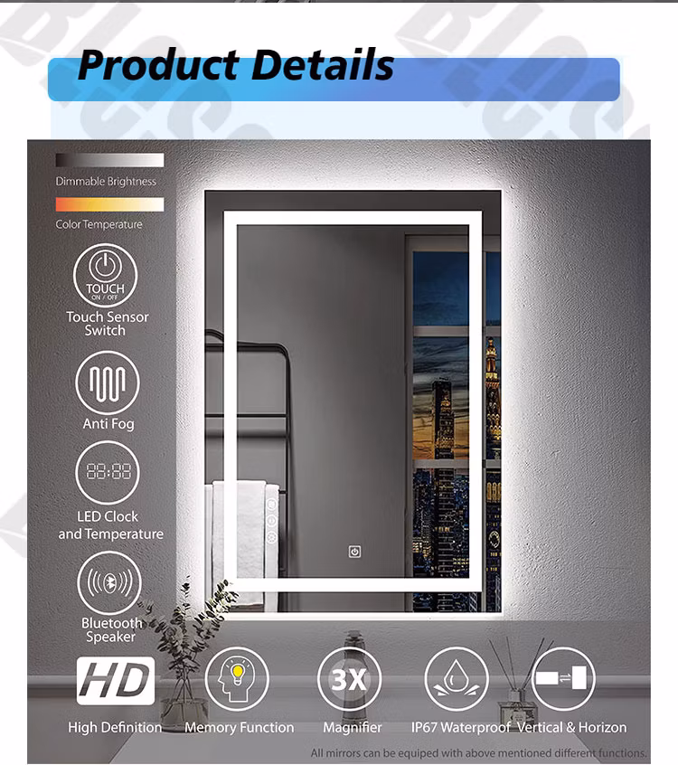 Customized Square Silver Frameless Wall Mounted Hanging Mirror in Bathroom
