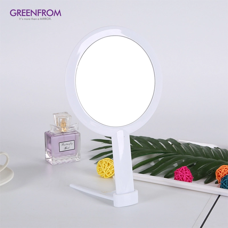 1X/2X Plastic Portable Standing Round Single Side Cosmetic Hand Held Mirror Gmsd2701