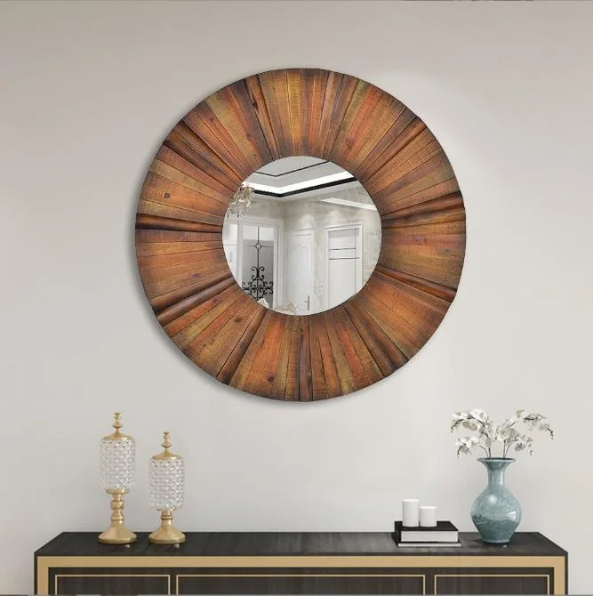 Modern Retro Old Art Mirror Living Room Household Round Solid Wood Decorative Wall Mirror