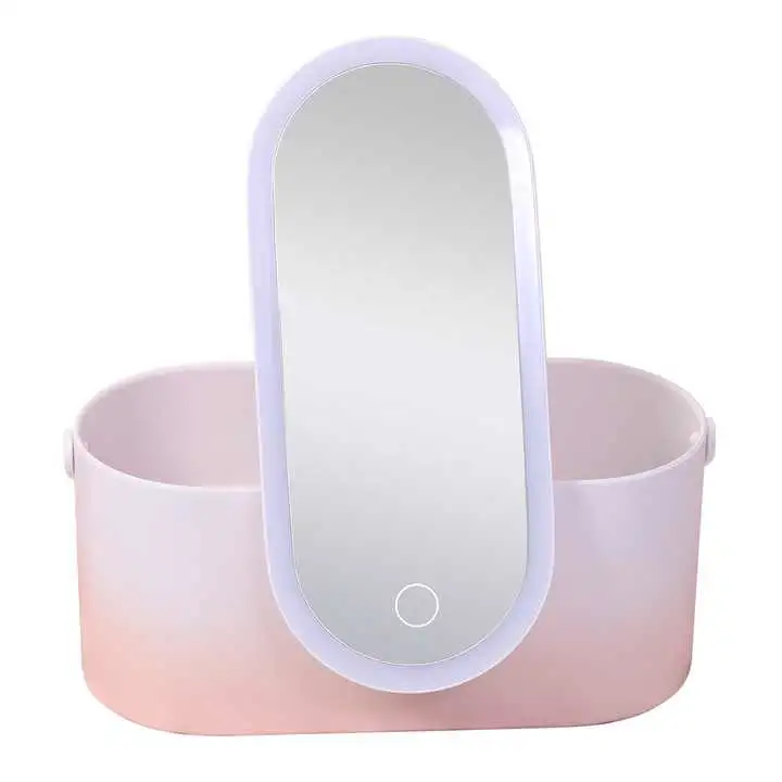 Wholesale Plastic Box LED Glass Cosmetic Mirror Portable Handheld Vanity Case Mirror with Light Desktop Tabletop Beauty Mirror