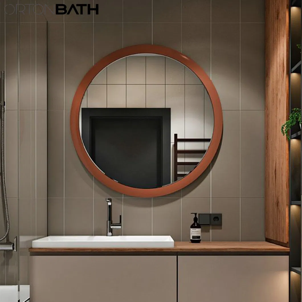 Ortonbath Wooden Round Mirror Wall Hanging Nordic Bathroom Mirror Creative Unique Drill Hole/Drill-Free Hole with Complete Kit, Wood Color