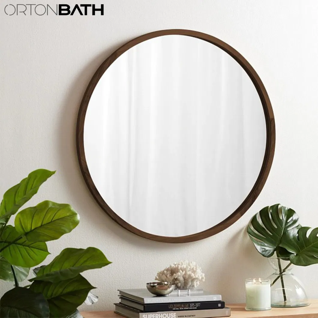 Ortonbath Wooden Round Mirror Wall Hanging Nordic Bathroom Mirror Creative Unique Drill Hole/Drill-Free Hole with Complete Kit, Wood Color