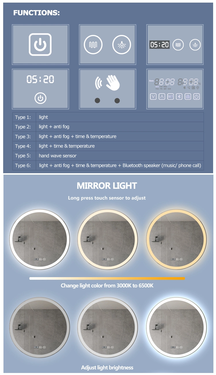 Factory Directly Frosted Sandblasting Mirror Frameless Round Shpae LED bathroom Smart Mirror Bluetooth Anti-Fog