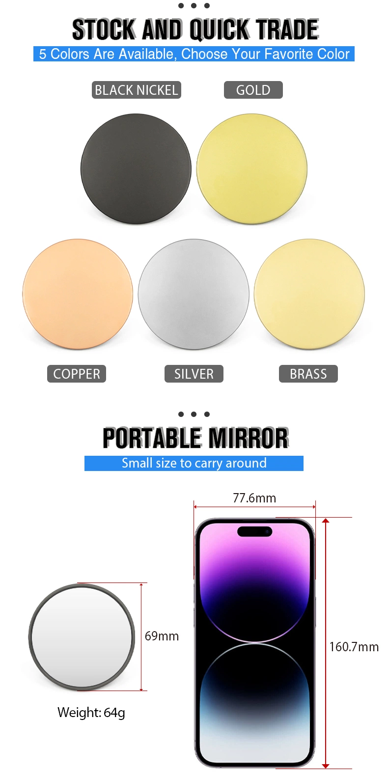Factory Custom Design Zinc Alloy Luxury Black Cute Wholesale Small Makeup Mirror Metal Gold Storage Mini Round Cosmetic Mirror