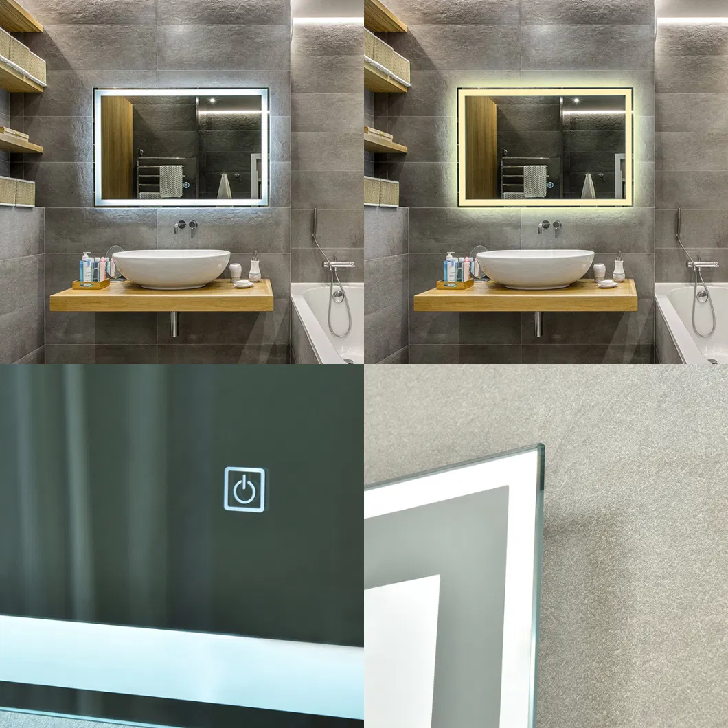 Wholesale Frameless Rectangular Smart Styling Wall LED Light Glass Mirror Home Furniture Decoration Bathroom Mirrors Makeup Espejos with Defogger 3 Color Switch