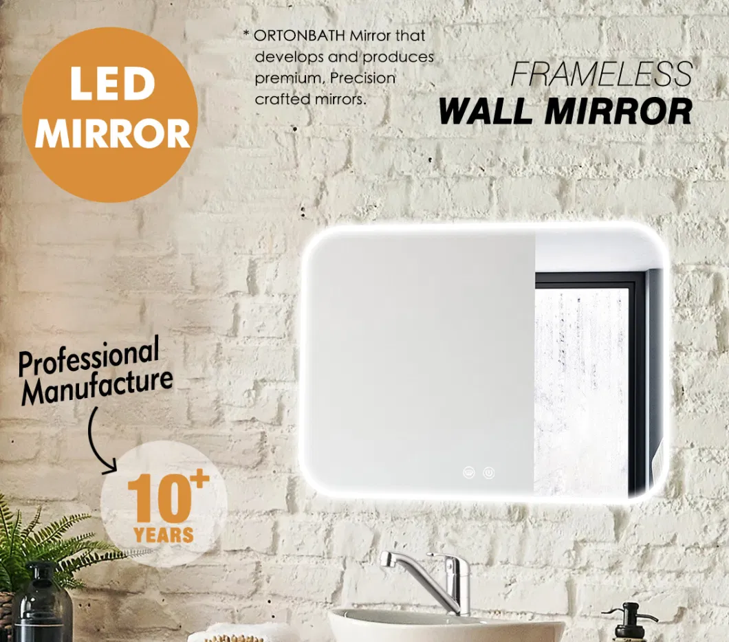 Ortonbath Rectangule Round Corner Frameless LED Bathroom Mirror, Wall-Mounted Vanity Makeup Lighted Mirror, Anti-Fog, Dimmable Lights, Waterproof Mirror