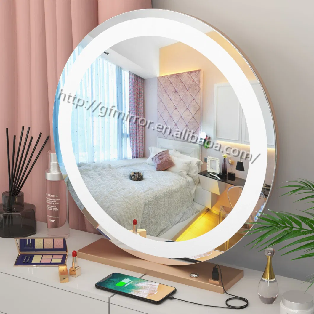 Round Shape Table and Wall Mounted Hollywood Mirror in Gold Color Gmm2022