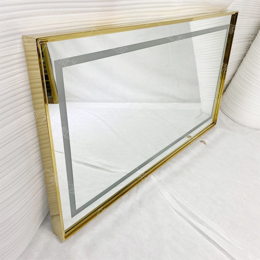 Luxury Bathroom Rectangular Gold Stainless Steel Frame LED Wall Mirror with Lights