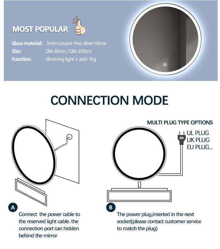 Factory Directly Frosted Sandblasting Mirror Frameless Round Shpae LED bathroom Smart Mirror Bluetooth Anti-Fog