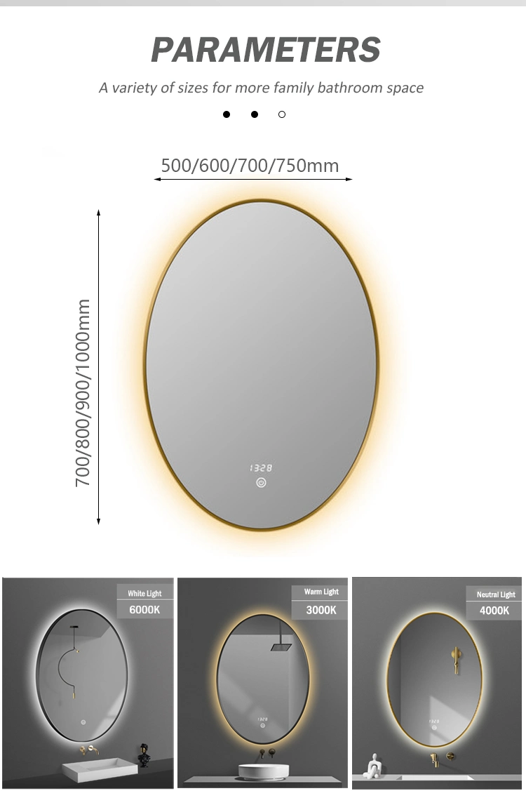 Modern Design Hotel Bathroom Mirror Oval Wall Mounted Gold Backlit Vanity Smart Mirrors with LED Lights