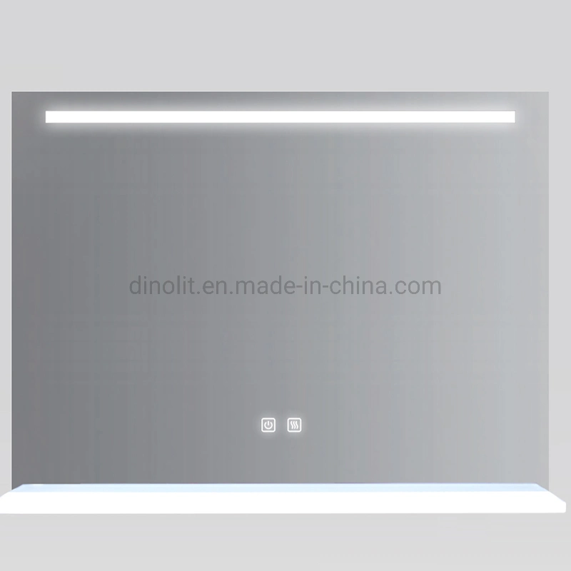 Modern Design Smart Bath Wall Vanity Mirror Waterproofed Bathroom LED Illuminated Glass Dimming Mirror with Shelf Touch Switch CE ETL IP44