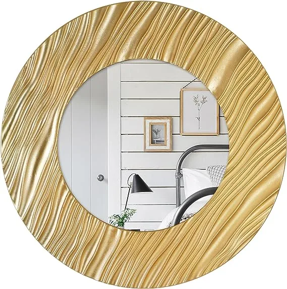 Antiqued Gold Round Wall Mirror Wood Texture Frame Decorative Mirror - 20 X 20 Inches