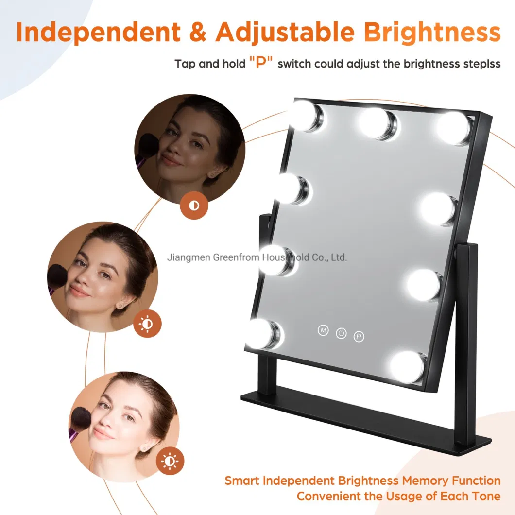 Glam 9 Bulbs Square LED Lighted Tabletop Hollywood Mirror with Charger