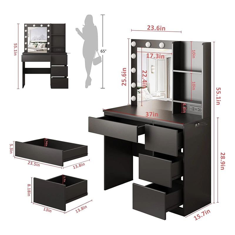 Vanity with Lights, 37inch Vanity Desk with Power Strip, 4 Drawers Makeup Table with Lighted Mirror, 3 Lighting Colors, White