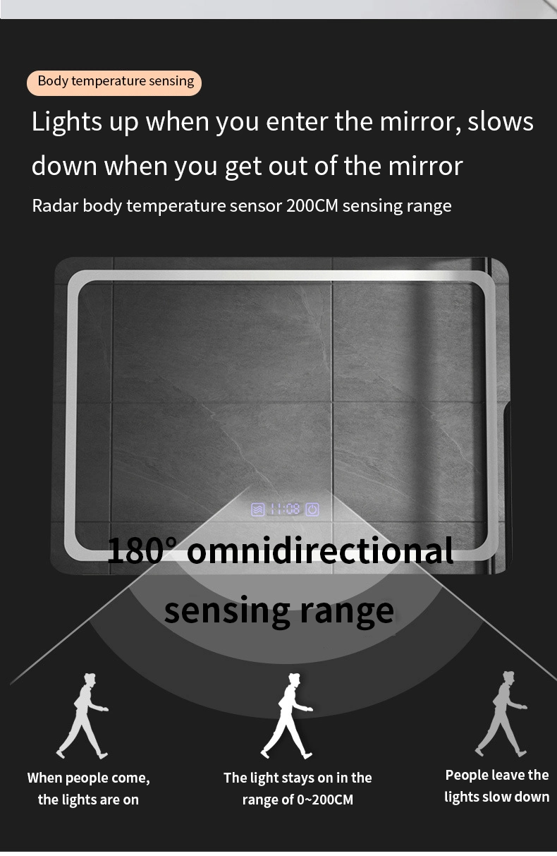 Sensor Switch Large Rectangular Vanity Mirror Anti Fog Bathroom Wall Mounted Frameless Smart LED Mirrors