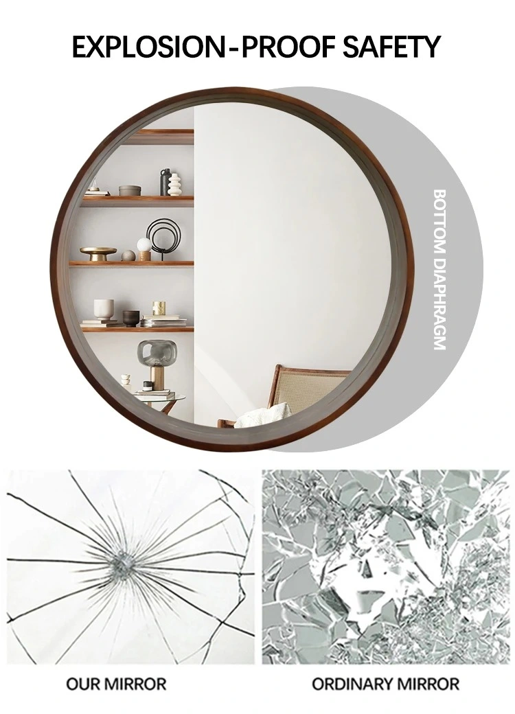 Nordic Round Mirror Wall Mounted Solid Wood Bathroom Mirror with Storage Rack