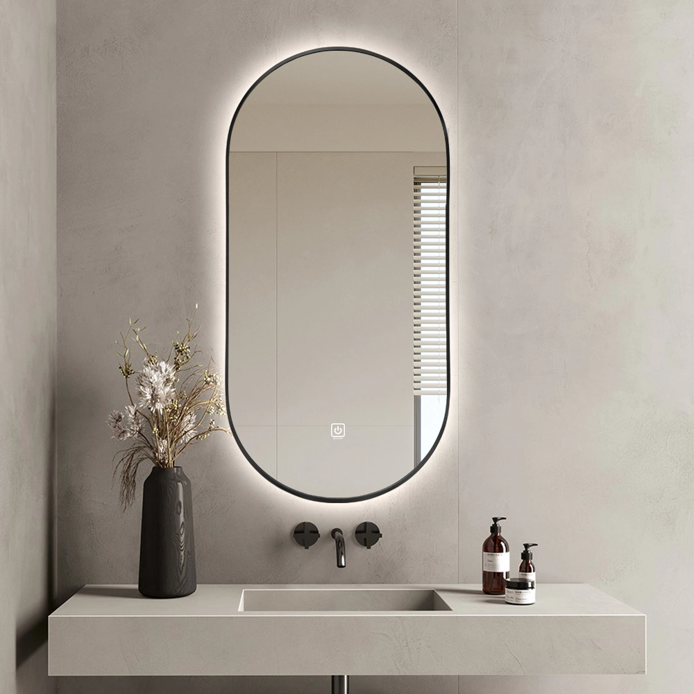 Shower Mirror Pill Shape Black Gold Framed Bathroom Mirror with LED Lighted Wall Mounted