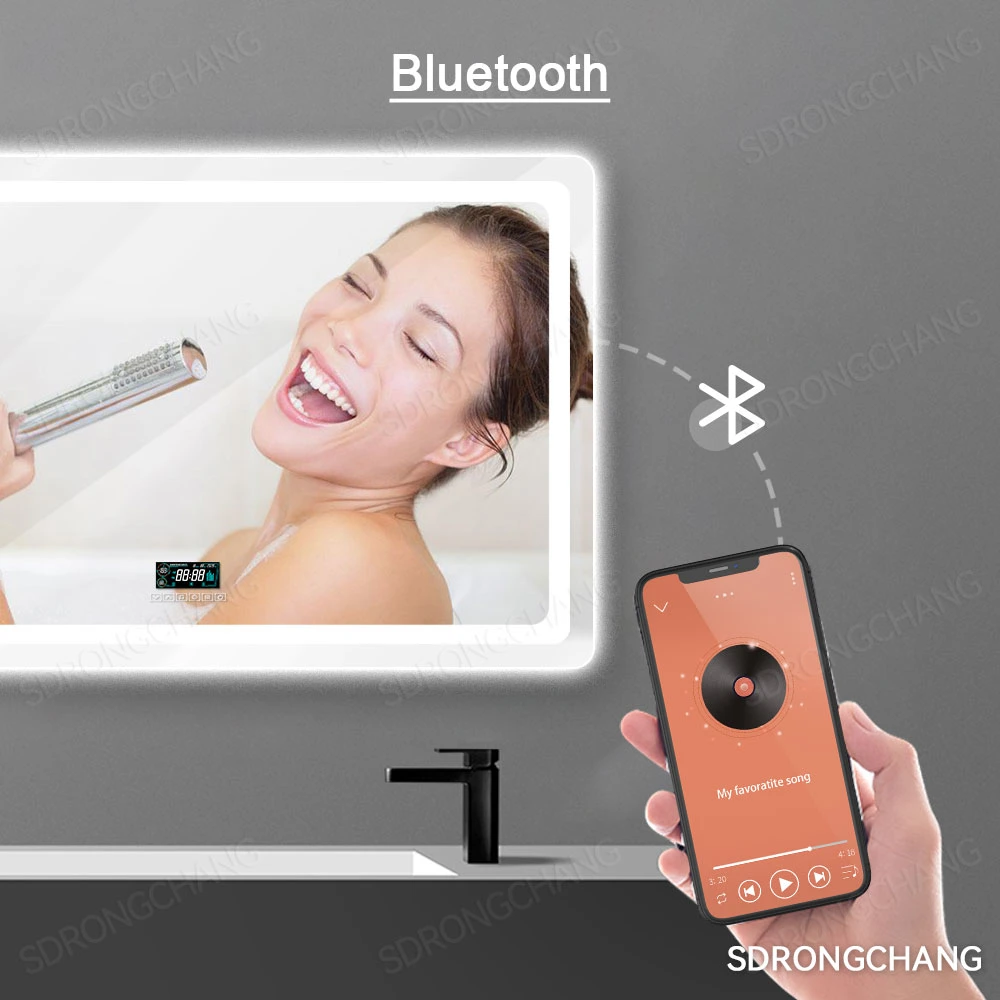 Anti-Fog Touch Switch Lighted Illuminated Backlit Bluetooth Speaker Hotel LED Smart Mirror