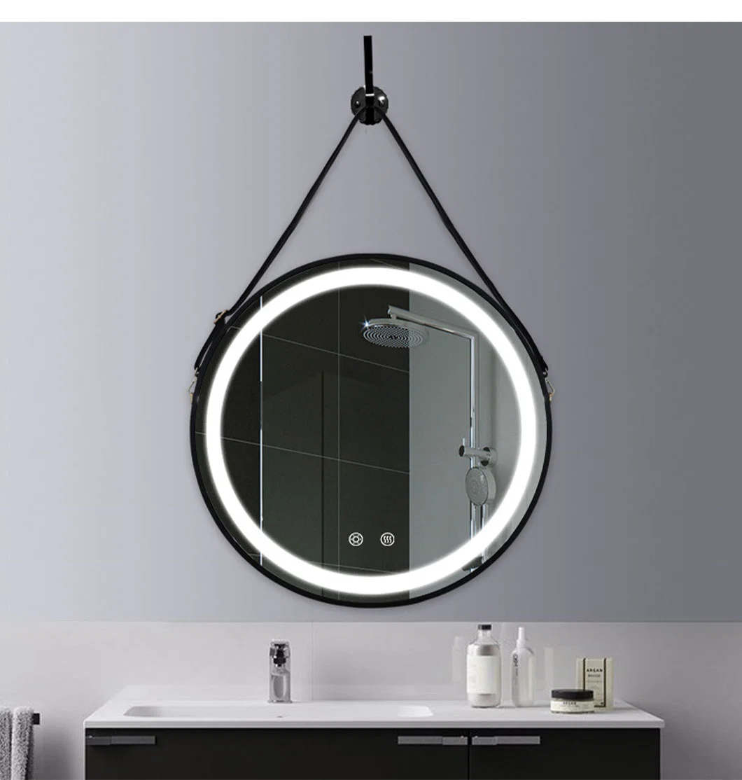 Round Hanging Mirror 16 Inch Circle Wall Mirror with Leather Strap