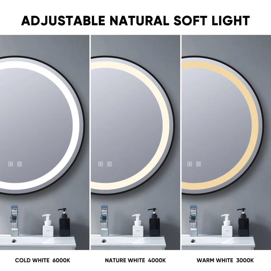 LED Lighted Black Round Aluminum Framed Frameless Bathroom Vanity Mirror