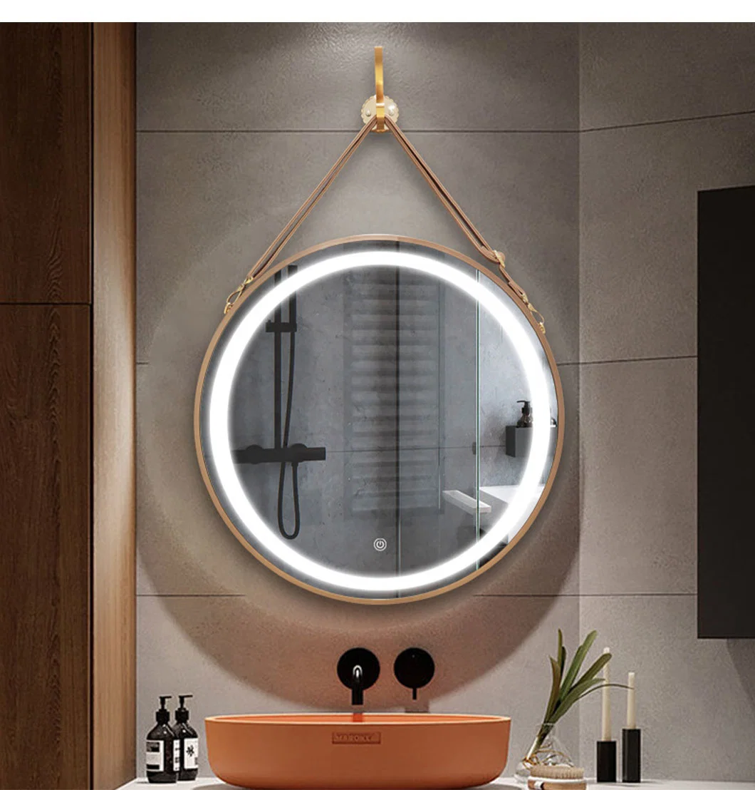 Round Hanging Mirror 16 Inch Circle Wall Mirror with Leather Strap