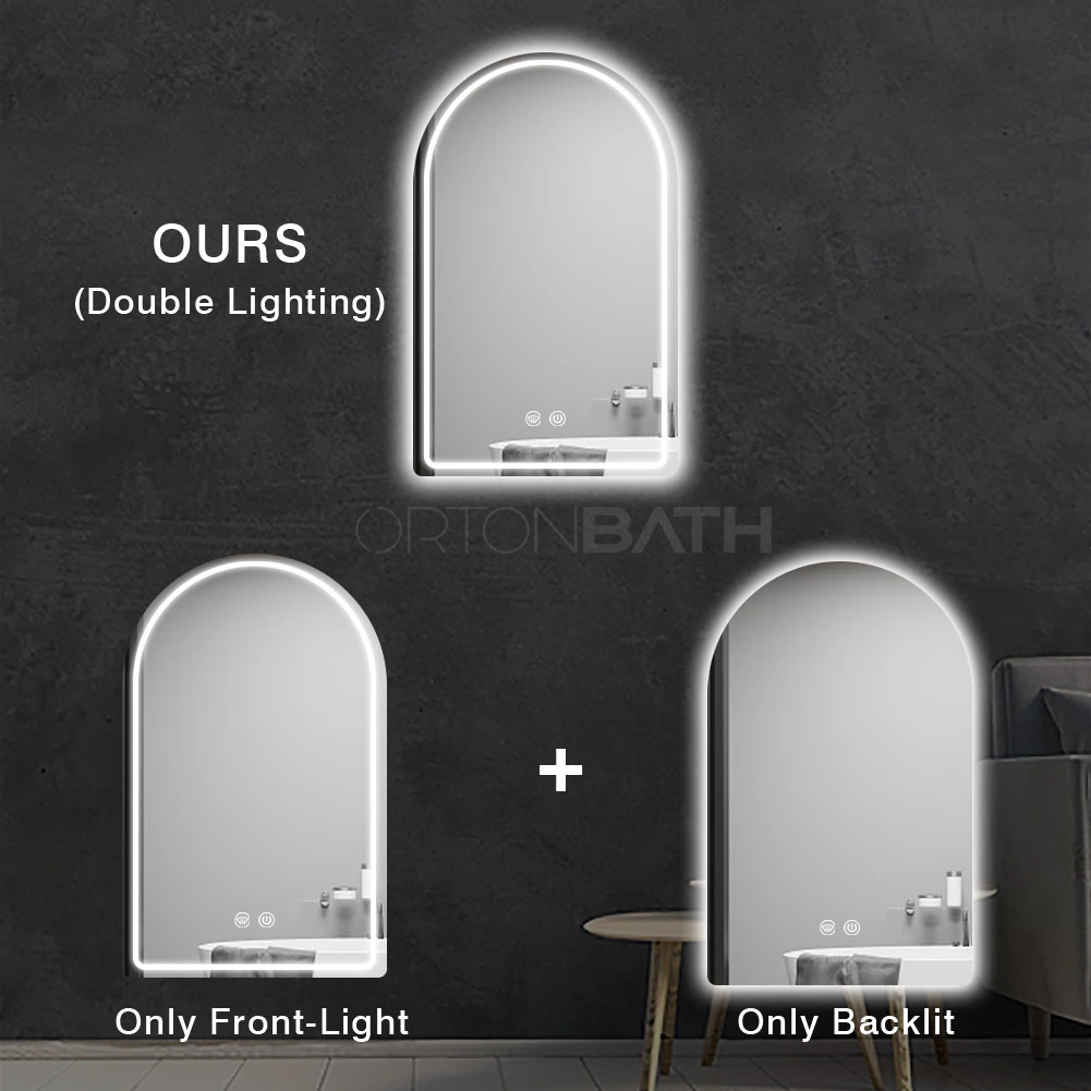 Ortonbath Frameless Arched LED Lighted Bathroom Mirror Backlit Vanity Bathroom Mirror with Lights Brushed Black Framed Wall Mounted Mirrors with 3 Color