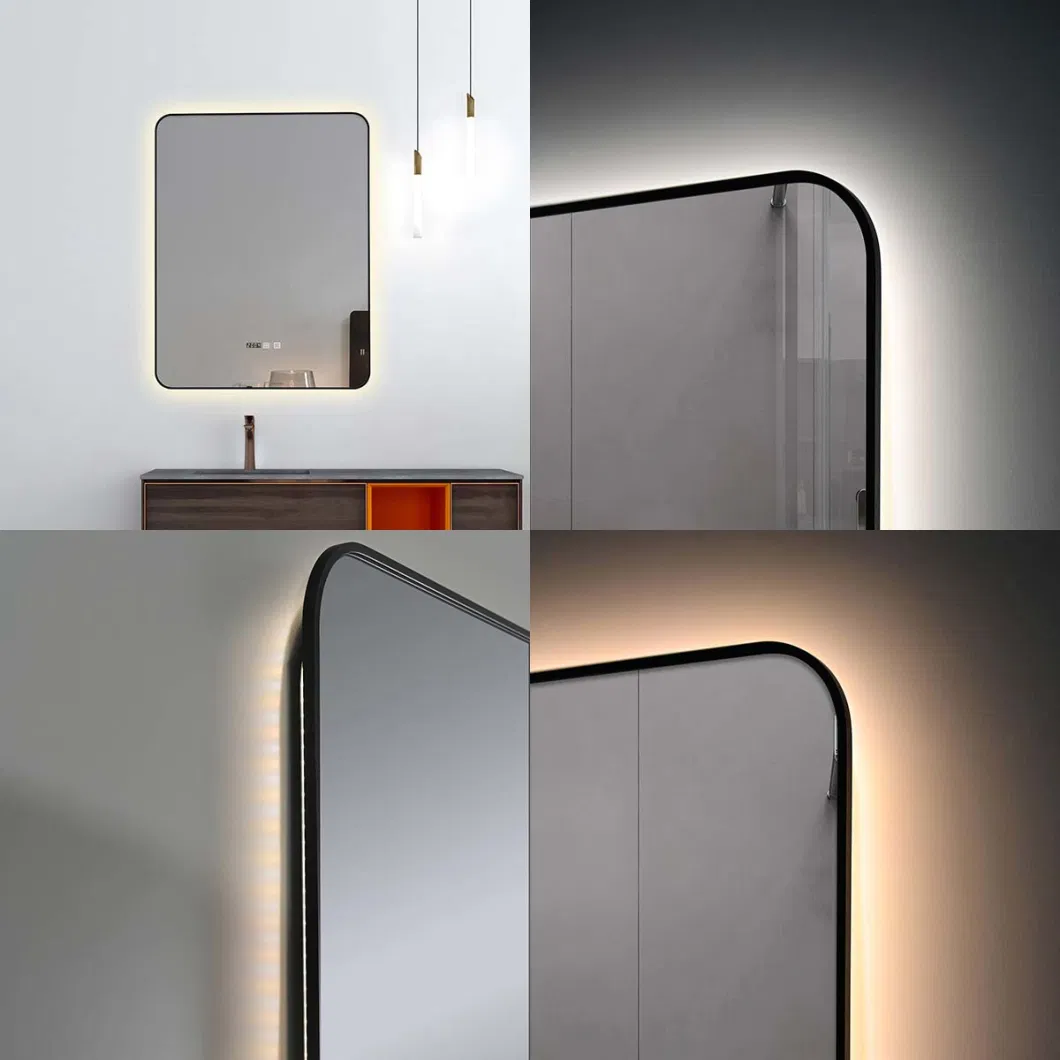 Rectangular Ultra Slim Matte Black Metal Frame Smart Glass Illuminated Lighted Wall Mount LED Bathroom Mirror