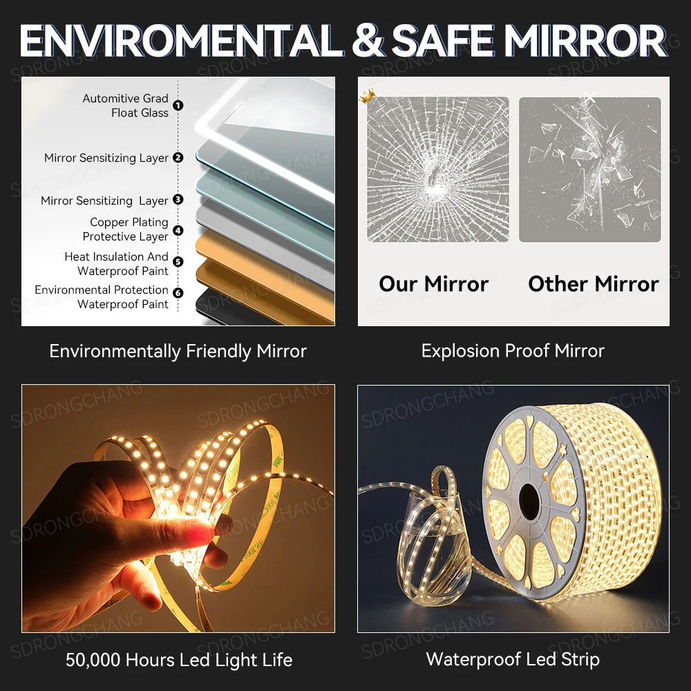 Hot Selling Fogless Heat Rectangle Blue_Tooth Music Electric Magnifying Mirror