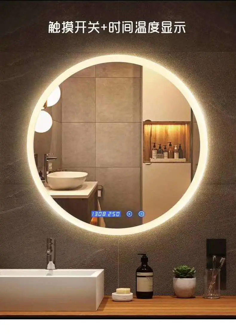 Touch Sensor Defogging Smart LED Bathroom Mirror Silver Mirror with Time/Temperature Display Smart Anti-Fog Mirror with Light Furniture LED Light