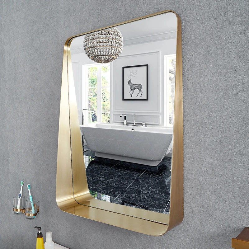 Square Rounded Frame Brass Champagne Gold Bathroom Mirror with Shelf Stainless Steel Bathroom Mirror Bathroom Pendant