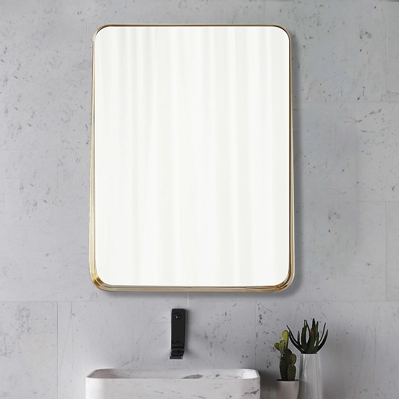 Square Rounded Frame Brass Champagne Gold Bathroom Mirror with Shelf Stainless Steel Bathroom Mirror Bathroom Pendant