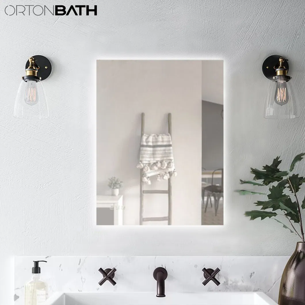 Ortonbath Square Edge Corner Frameless Full Length Floor Fitness Dressing Mirror LED Lights Touch Sensor Switch Bathroom Mirror LED Smart Bath Makeup Mirror