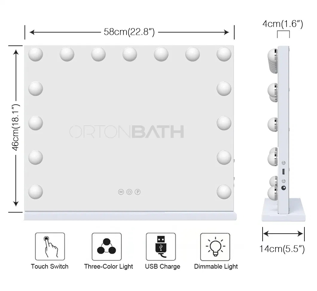 Ortonbath Hollywood Vanity Mirror with Dimmable LED Lights 3 Lighting Modes 2in1 Large Lighted Makeup Mirror for Desk and Wall