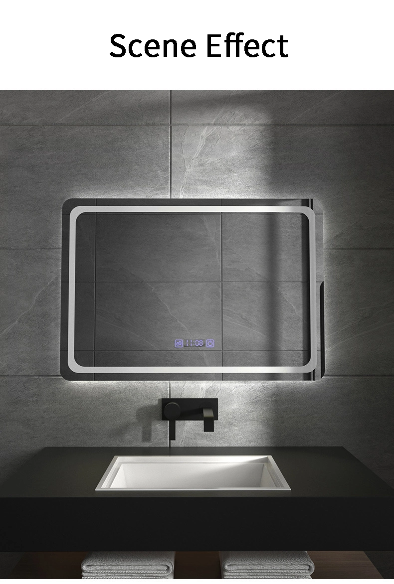 Sensor Switch Large Rectangular Vanity Mirror Anti Fog Bathroom Wall Mounted Frameless Smart LED Mirrors