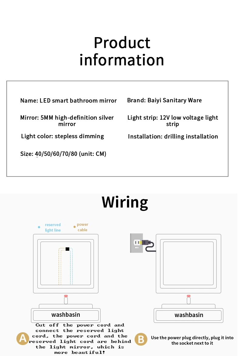 Sensor Switch Large Rectangular Vanity Mirror Anti Fog Bathroom Wall Mounted Frameless Smart LED Mirrors