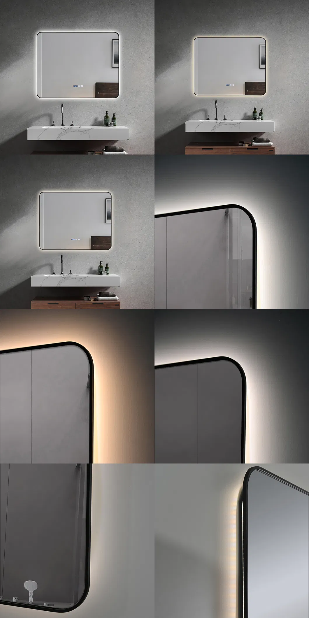 Square LED Bathroom Lights with Aluminum Frame Wall Rectangular Hotel Mirror with Time Display