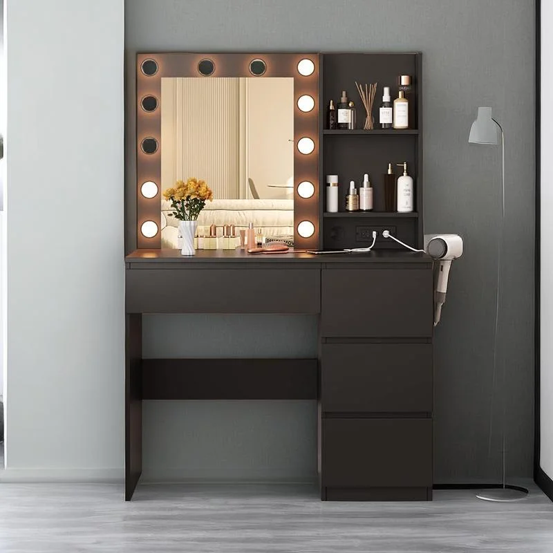 Vanity with Lights, 37inch Vanity Desk with Power Strip, 4 Drawers Makeup Table with Lighted Mirror, 3 Lighting Colors, White