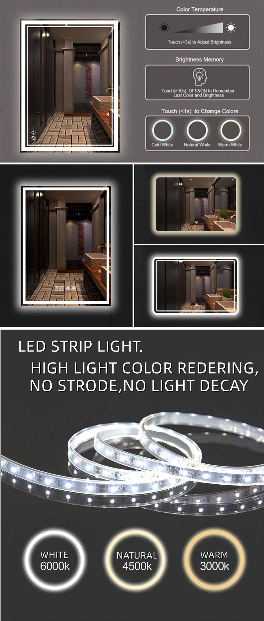Frameless Illuminated Smart Large Light Wall Mirror LED Mirror Bathroom