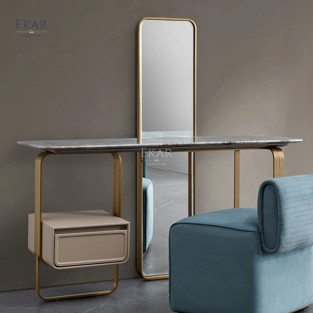 Big Mirror Bedroom Makeup Table - Light Luxury Modern Victoria Marble Dressing Table with Leather Drawer Vanity