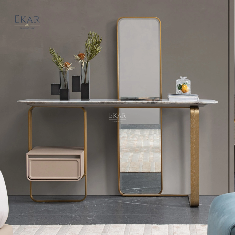 Big Mirror Bedroom Makeup Table - Light Luxury Modern Victoria Marble Dressing Table with Leather Drawer Vanity