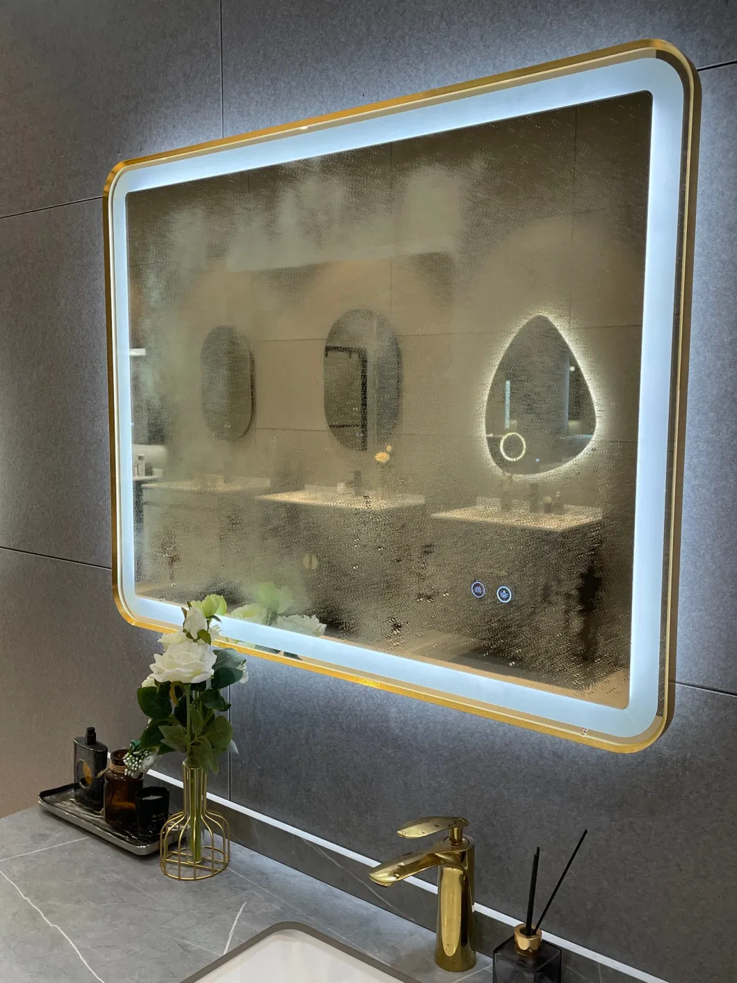 Gold Rectangular LED Bathroom Mirror Anti-Fog Dual Touch Lighting Wall Vanity Mirror Metal Frame Temperature Smart Mirror 3000K-6000K