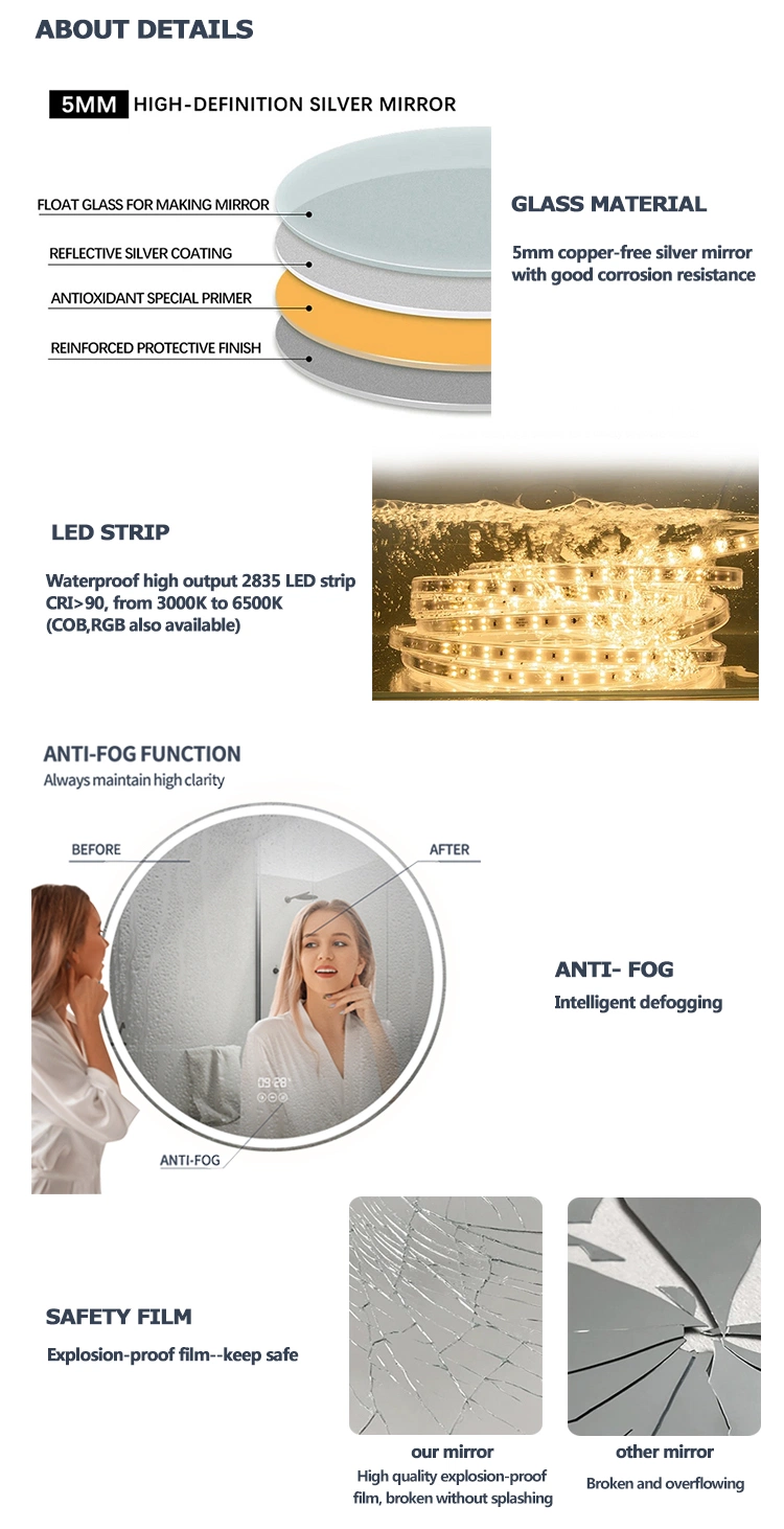 Factory Directly Frosted Sandblasting Mirror Frameless Round Shpae LED bathroom Smart Mirror Bluetooth Anti-Fog