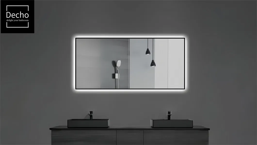 Rectangular Ultra Slim Matte Black Metal Frame Edge Lit Illumiated Bathroom Mirror