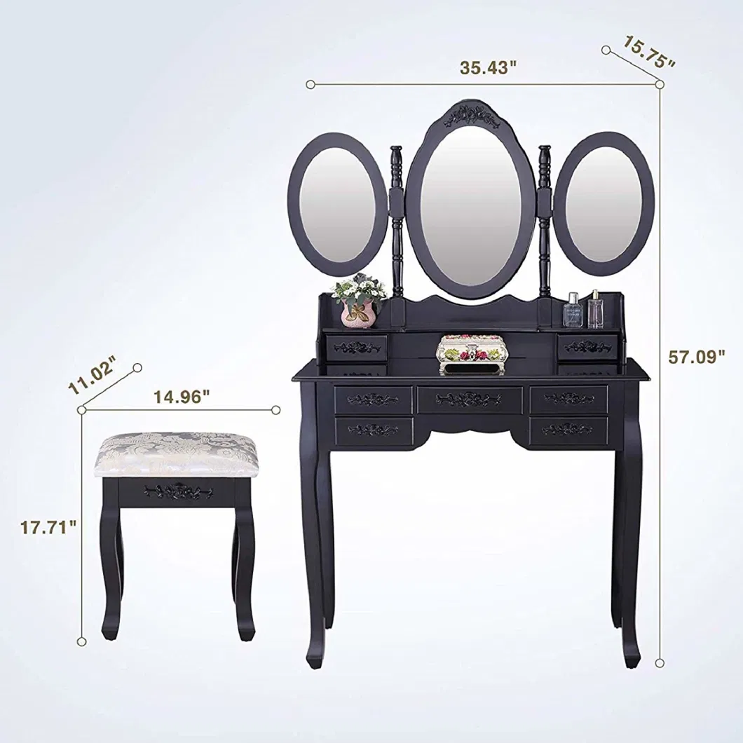 Tri-Fold Mirror Dressing Table with 7 Drawers