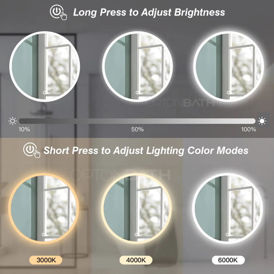 Ortonbath Round Frameless Backlit LED Bathroom Wall Mirror, LED Wall Mirror for Bathroom, 3 Colors Dimmable Lights, IP54 Enhanced Anti-Fog