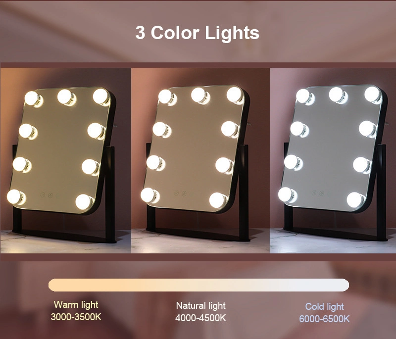 Vanity LED Makeup Mirror with Lights Hollywood with 9 Dimmable Bulbs &amp; 3 Color Lighting Modes