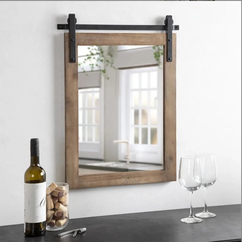 Rectangular Solid Wood Barn Door Hanging Rail Decorative Mirror Custom American Metal Track Iron Frame Large Size Bathroom Mirror